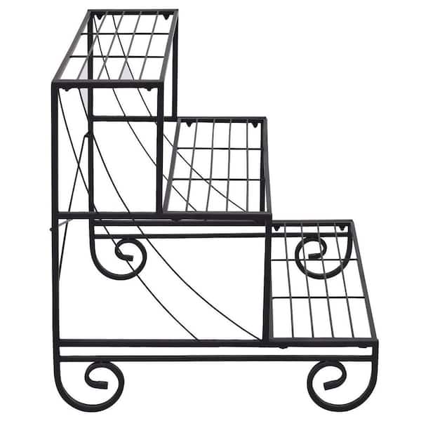 29 in. L x 26 in. W x 28 in. H Shelves Indoor/Outdoor Black Steel Plant Stand (3-Tier)