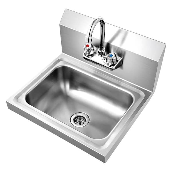 17 in. Wall Mounted 20 Gauge Stainless Steel 1-Compartment Commercial Kitchen Sink with Faucet, Drain Assembly