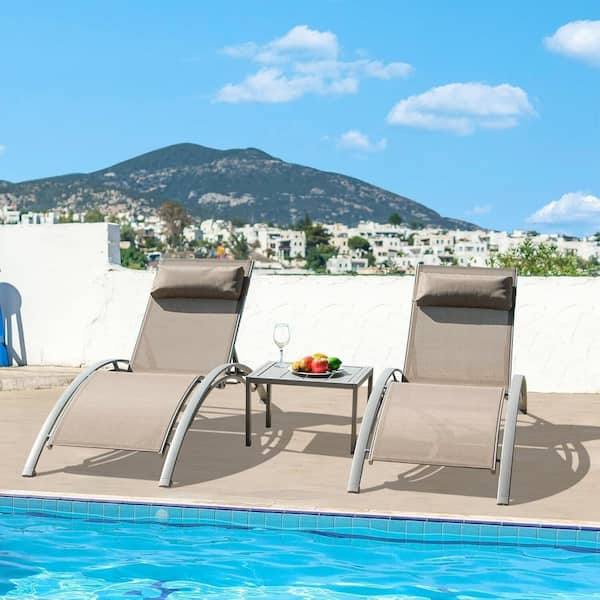 Aluminum 2-Piece Adjustable Stackable Outdoor Chaise Lounge in Khaki Seat with Pillow and Side Table