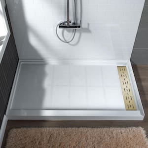 Krasik 60 in. L x 30 in. W Alcove Solid Surface Shower Pan Base with Right Drain in White with Brushed Gold Cover