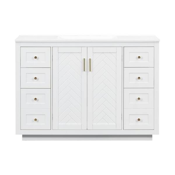 48 in. Freestanding White Bath Vanity with White Resin Top 6 Drawers and 2 Soft-clsoe Doors