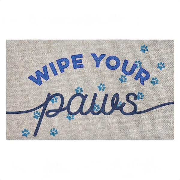 Wipe Your Paws Greeting Blue 18 in. x 30 in. Polyester Non-Slip Outdoor Door Mat