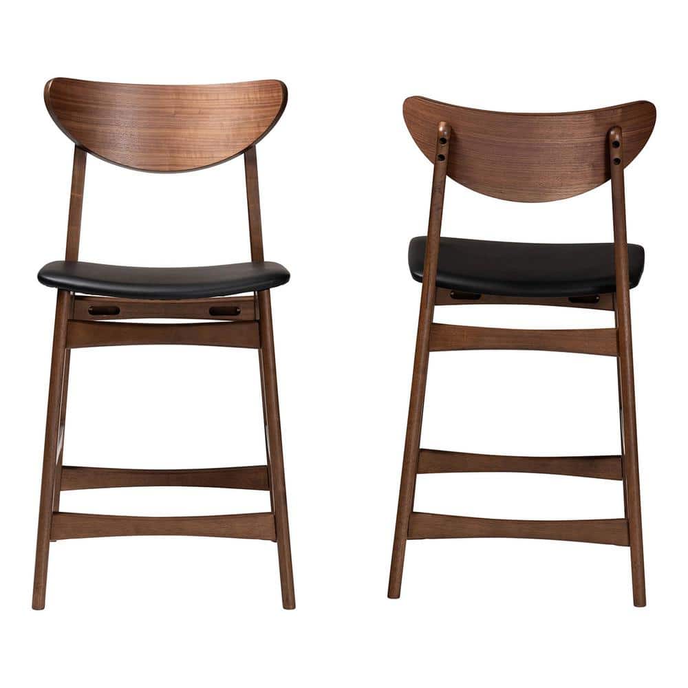 24" Modern Walnut Wood Counter Stool with Black Faux Leather