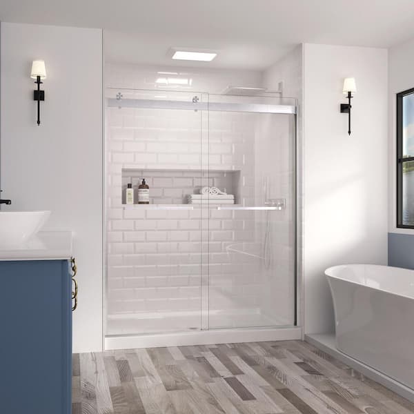 Frameless Double Sliding Glass Shower Door, 56-60 in. W x 74 in. H 5/16 in. 8mm Shower Door for Bathroom, Brushed Nickel