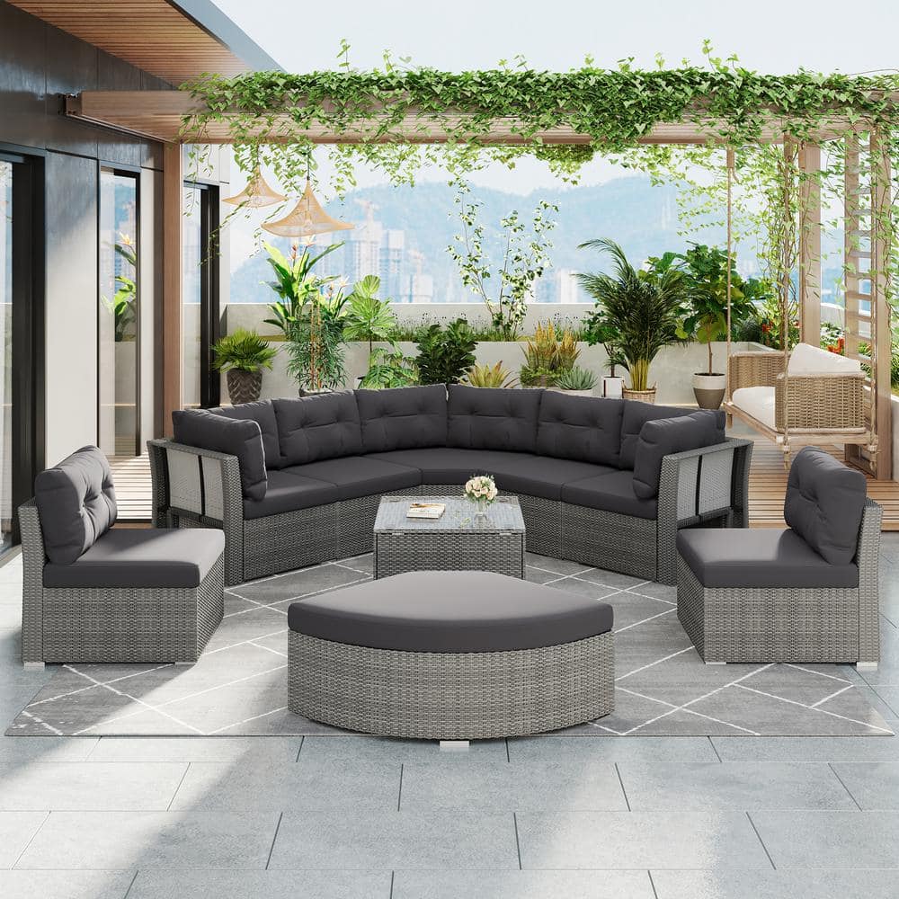 9-Piece Wicker Patio Conversation Set with Gray Cushions, Patio Furniture S