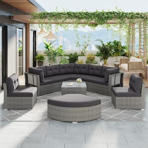 9-Piece Wicker Patio Conversation Set with Gray Cushions, Patio Furniture Set Outdoor Furniture Daybed with Coffee Table