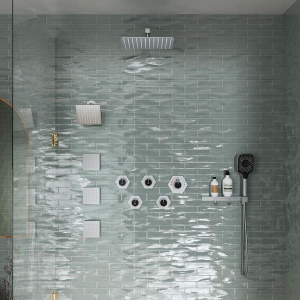 6-Spray 12 in. Wall Mount Dual Shower Heads and Handheld Shower Head with 2.5 GPM and Body Jets in Brushed Nickel