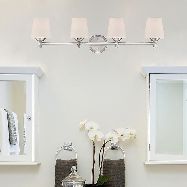 Darcy 36 in. 4-Light Brushed Nickel Transitional Vanity Light with White Opal Glass Shades