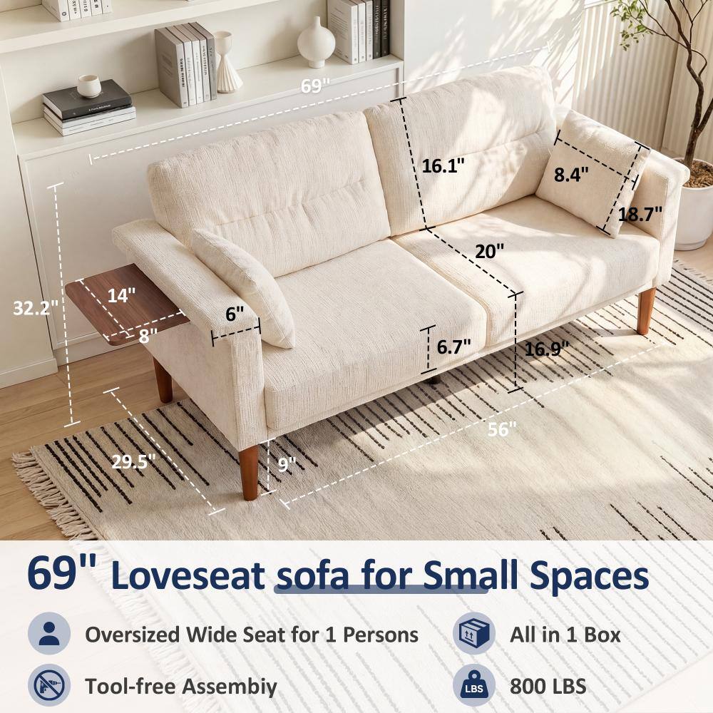 Dimension diagram of the beige loveseat sofa showing its width, depth, and height.