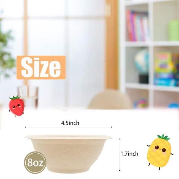 8 oz. Paper Bowls with Natural Bagasse for Ice Cream, Salad, Soup, Snack, Dessert, Pasta and Hot or Cold Use (100-Pack)