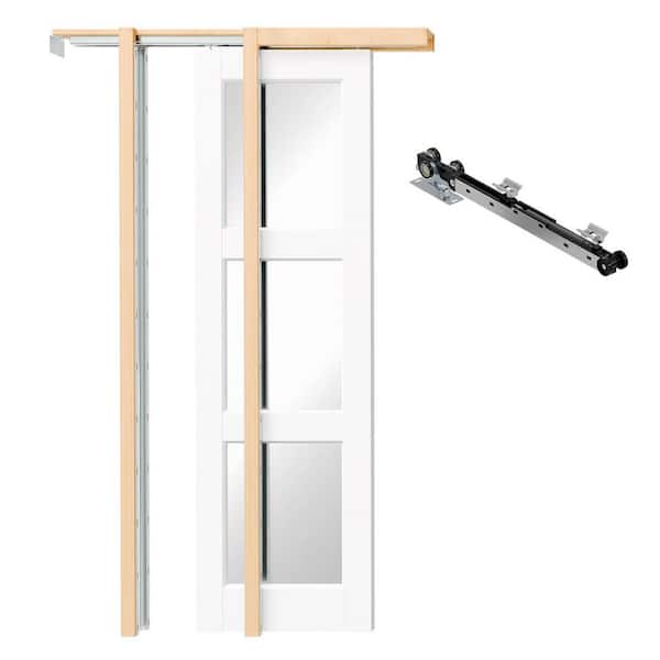 48 in. x 80 in. 3-Lite Mirrored Glass White Primed Pine Wood Pocket Door with Soft Close, Frame and Hardware Kit