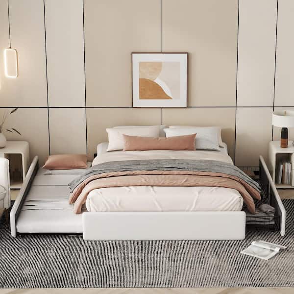 Harper & Bright Designs White Metal Frame Queen Size PU Leather Upholstered Platform Bed with 2-Drawer, Twin XL Size Trundle