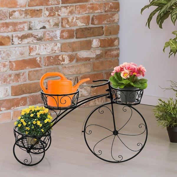 ANGELES HOME 20.5 in. Tall Indoor Outdoor Black Metal Parisian Tricycle Plant Stand Flower Pot Cart Holder
