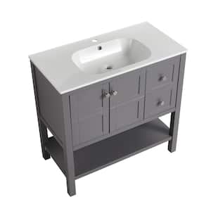 Coast 35.6 in. W x 18.1 in. D x 35.1 in. H Single Sink Freestanding Bath Vanity in Gray with White Composite Top Sink