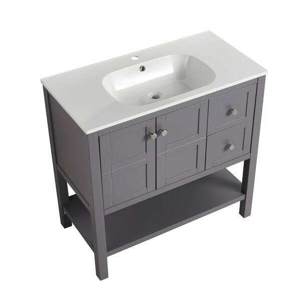 INSTER Coast 35.6 in. W x 18.1 in. D x 35.1 in. H Single Sink Freestanding Bath Vanity in Gray with White Composite Top Sink
