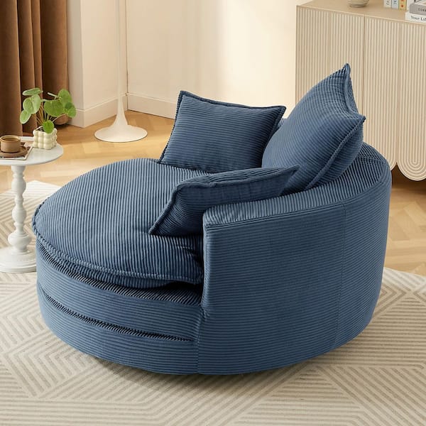 Blue Corduroy 360° Swivel Sofa Chair Accent Barrel Chair with Dual-Layer Cushion Design