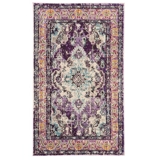 Monaco Violet/Light Blue Doormat 3 ft. x 5 ft. Distressed Border Medallion Area Rug