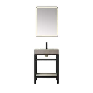 Funes 24 in. W x 22 in. D x 34 in. H Single Sink Bath Vanity in Matt Black with Grey Natural Stone Top and Mirror