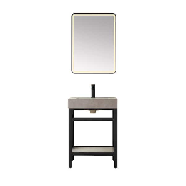ROSWELL Funes 24 in. W x 22 in. D x 34 in. H Single Sink Bath Vanity in Matt Black with Grey Natural Stone Top and Mirror