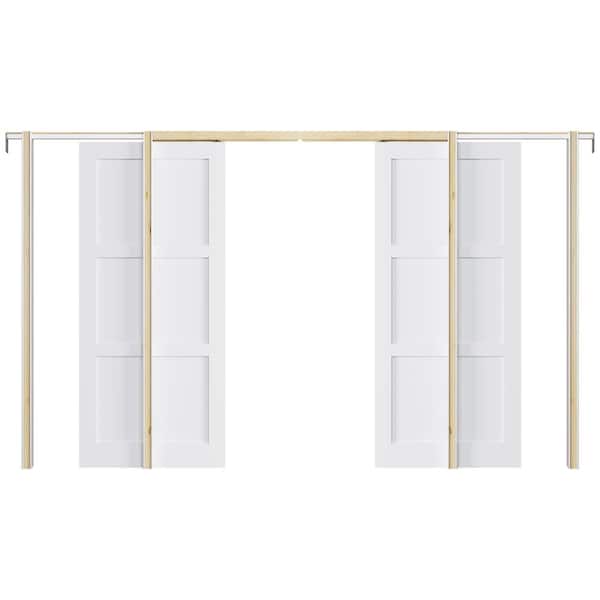 72 in. x 80 in. White Primed 3 Lite MDF Door with Solid Core Pocket Sliding Door Frame with Hardware and Soft Close