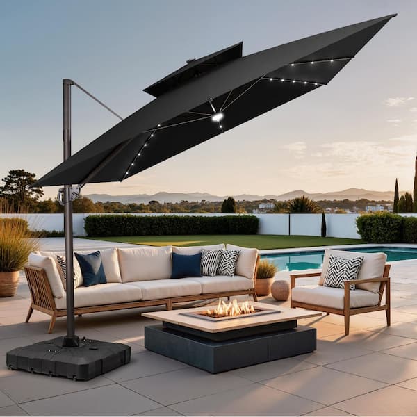 10.5 ft. Square 2-Tier Top Metal 360° Rotation Outdoor Cantilever Patio Umbrella in Black with Base with LED Lights