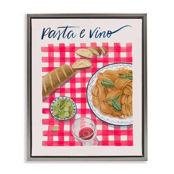 Stupell Industries Pasta and Wine on Tartan by Grace Popp Gray Floater Frame Food Graphic Art Print 31 in. x 25 in.