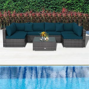 Mix Grey 7-Piece Wicker Patio Conversation Sectional Seating Set with Peacock Blue Cushions