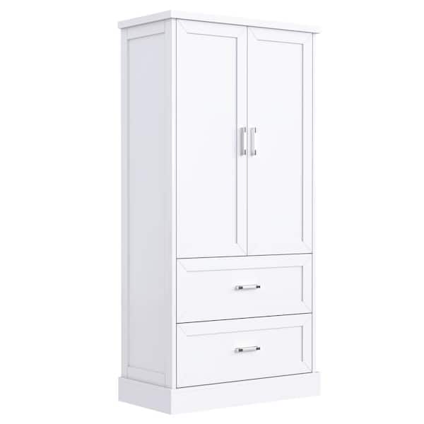 31 in. H x 16 in. D x 64 in. W White MDF Floor Linen Cabinet with 2-Doors, 2-Drawers and Adjustable Shelves