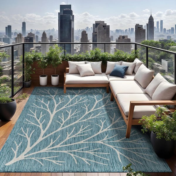 Flora Aqua 5 ft. x 7 ft. Coral Branch Washable Indoor Outdoor Area Rug