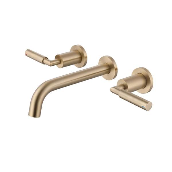 Double Handle Wall Mounted Bathroom Sink Faucet With Pop-up Drain Assembly in Brushed Gold