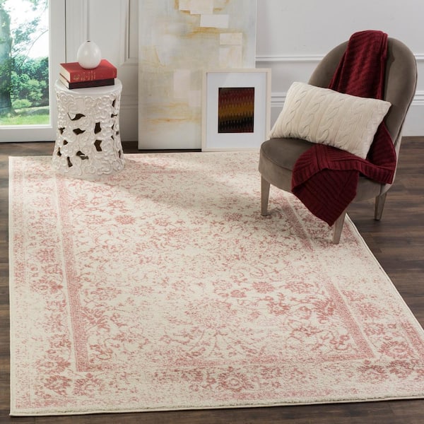 Adirondack Ivory/Rose 4 ft. x 4 ft. Border Distressed Square Area Rug