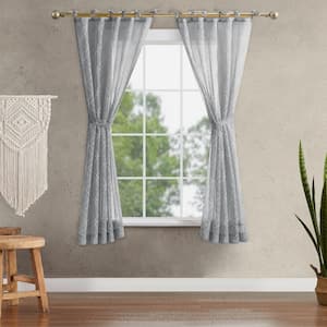 Nora Embroidered 52 in. W x 63 in. L Polyester Faux Linen Sheer Grommet Tiebacks Curtain in Gray (2 Panels)