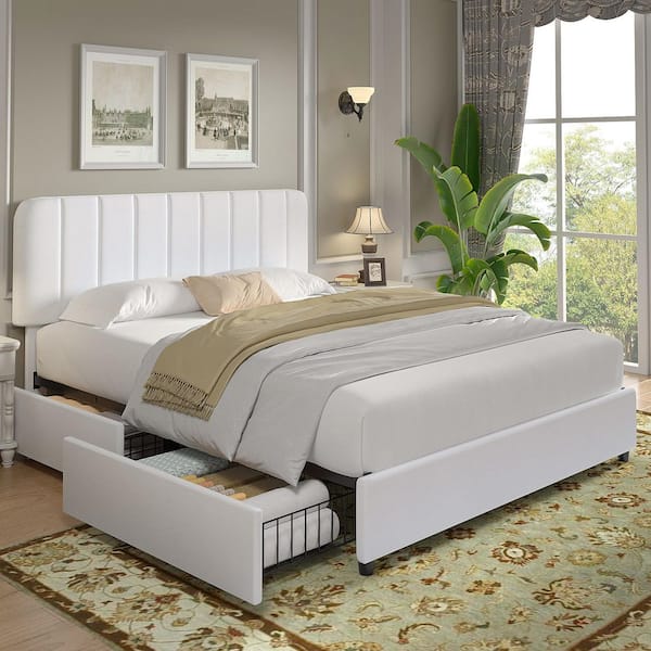 VECELO Upholstered Bed White Metal Frame Queen Size Platform Bed with 4-Storage Drawers and Headboard, Wooden Slats Support