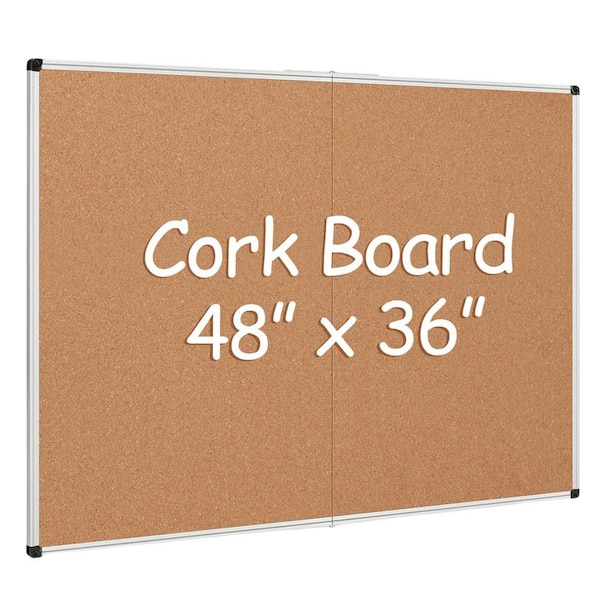 36 x 48 in. Foldable Cork Bulletin Board Large Wall Mounted Notice Pin Board with 36 Push Pins Silver