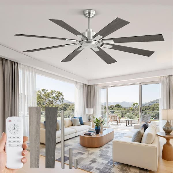 62 in. Modern Indoor/Covered Outdoor Brushed Nickel Industrial 6-Speed Downrod Ceiling Fan No Light with Remote,DC Motor