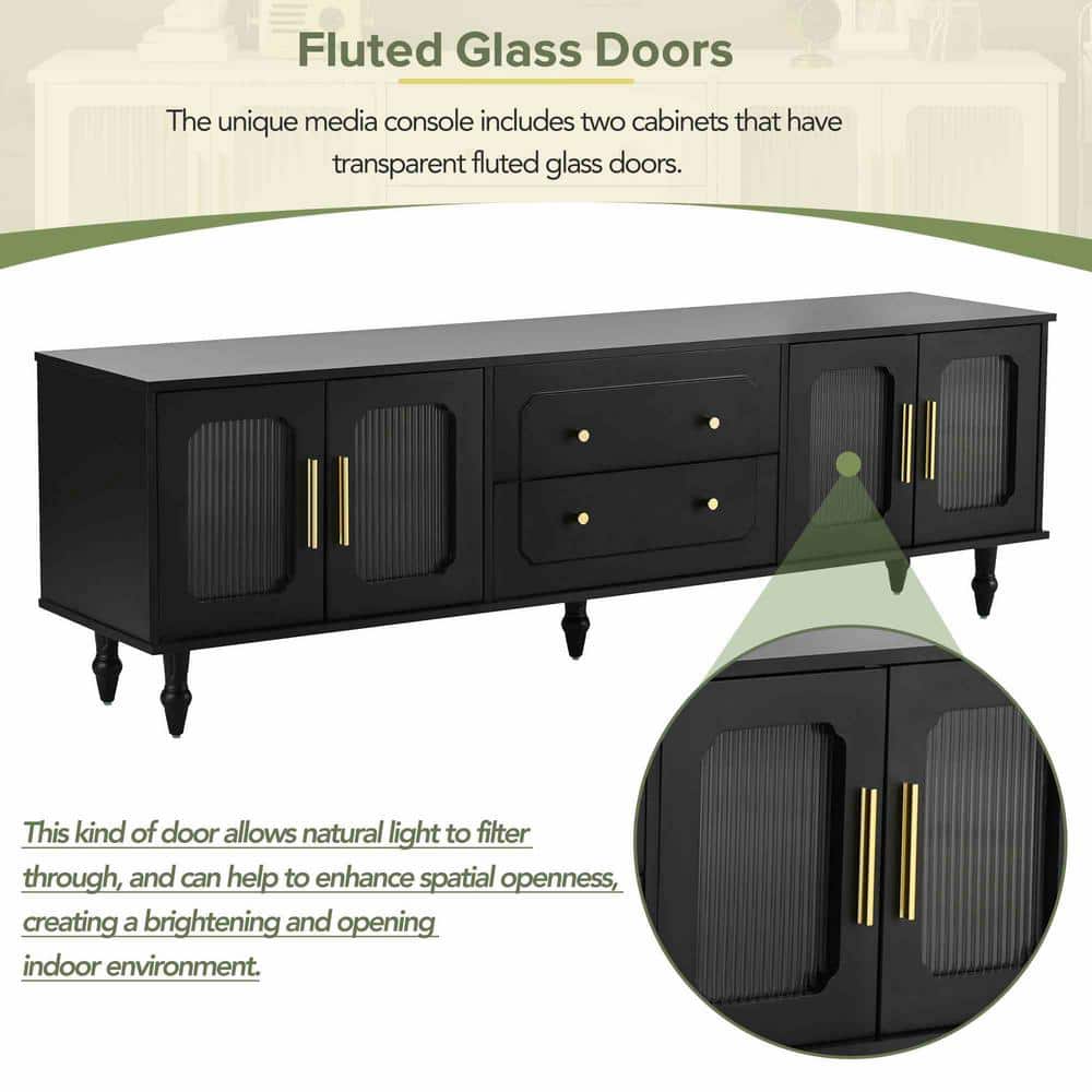 Black Fluted Glass Door TV Stand with Drawers and Cabinets