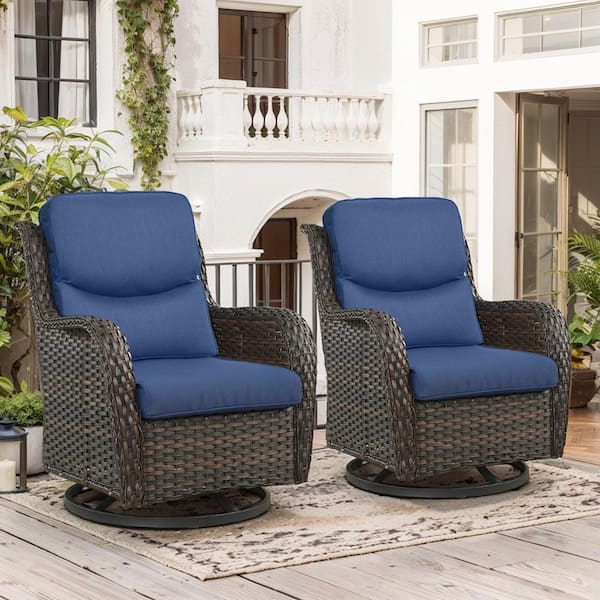 Crescent Brown Wicker Outdoor Rocking Chair Patio Swivel Glider with 5 in. Thick Navy Blue Olefin Cushions (2-Pack)