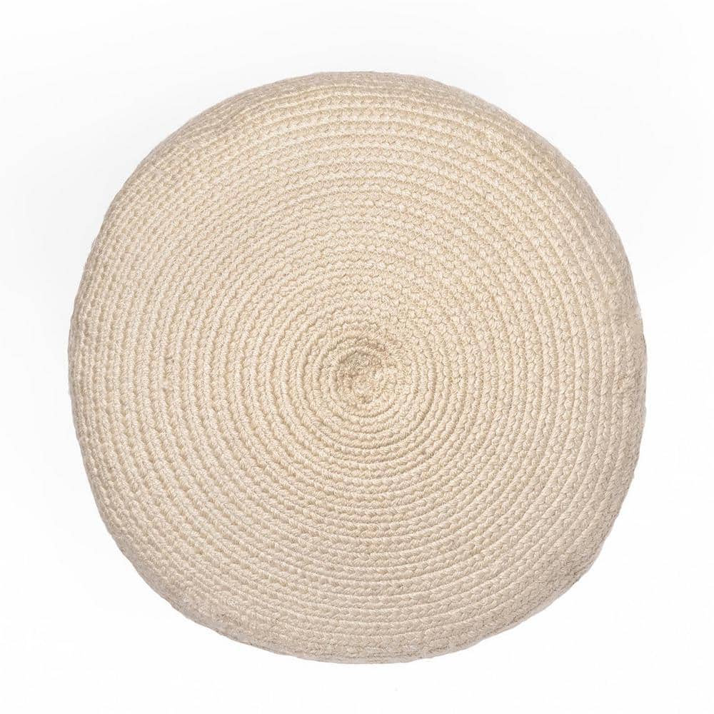 Natural Cable Braided Round Pouf in Cream Polyester