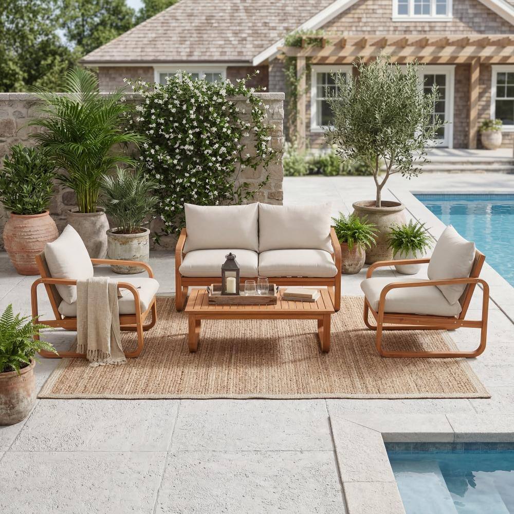 Natural 4-Piece Acacia Wood Outdoor Patio Conversation Set with Beige Cushions, Loveseat, 2 Single Chairs & Coffee Table price history on PriceWatchPro