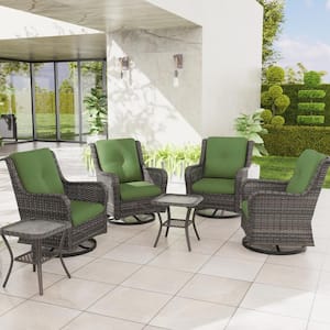 6-Piece Wicker Patio Conversation Set with All-Weather Swivel Rocking Chairs Green Cushions