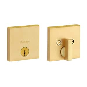 Downtown Low Profile Satin Brass Single Cylinder Square Contemporary Deadbolt Featuring SmartKey Security