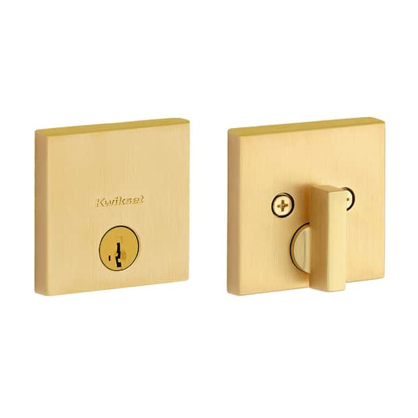 Kwikset Downtown Low Profile Satin Brass Single Cylinder Square Contemporary Deadbolt Featuring SmartKey Security