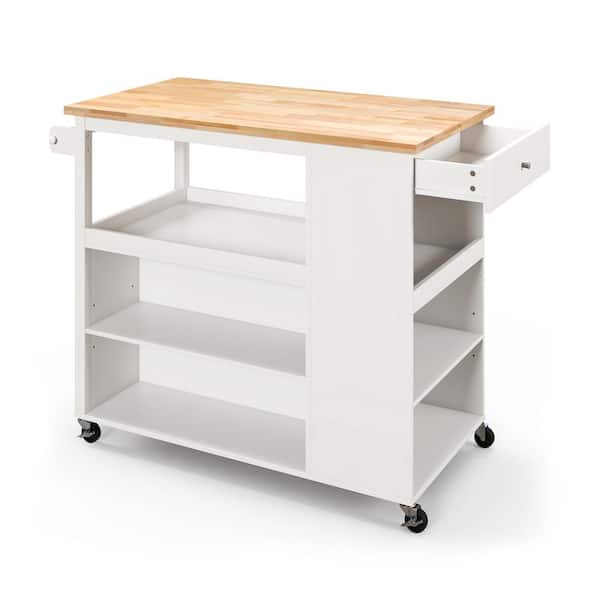 ANGELES HOME 46 in. W White Wood Trolley Kitchen Cart Island on Wheels with Storage Open Shelves and Drawer
