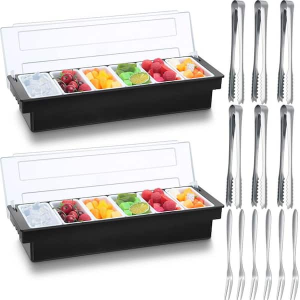 2-Pack 24.8 oz. White Plastic Removable Chilled Condiment Server with Lid, Serving Tray, 6 Tongs and 6 Fruit Forks