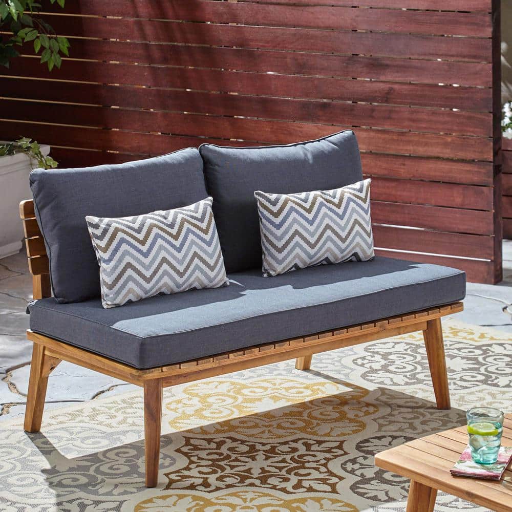Teak and Gray Acacia Wood Outdoor Loveseat with Cushions