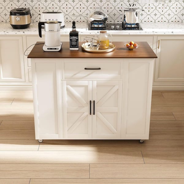 GOGEXX White Wood 46.06 in. W Kitchen Island with Power Outlet