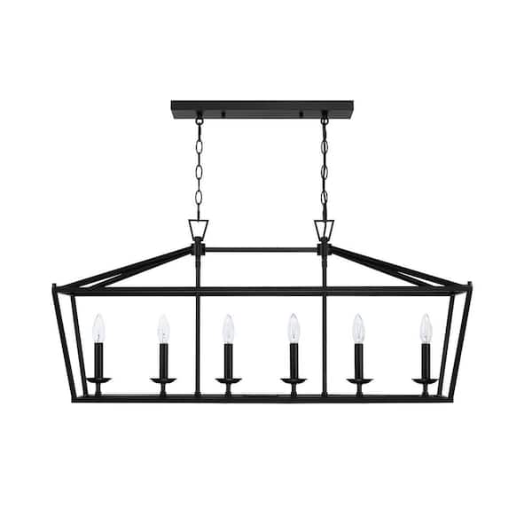 Hukoro Hukuro 6-Light Matte Black Finish Modern Vintage Linear Island Hanging Chandelier for Kitchen