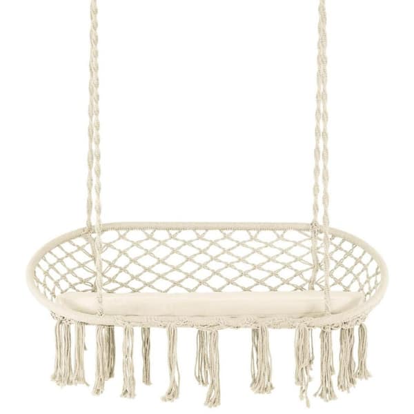 51.5 in. Hanging Hammock Macrame Swing with Cushion in Beige