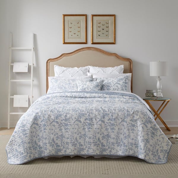 Laura Ashley Amberley 3-Pcs Reversible Blue and White Floral Cotton Twin Quilt Set