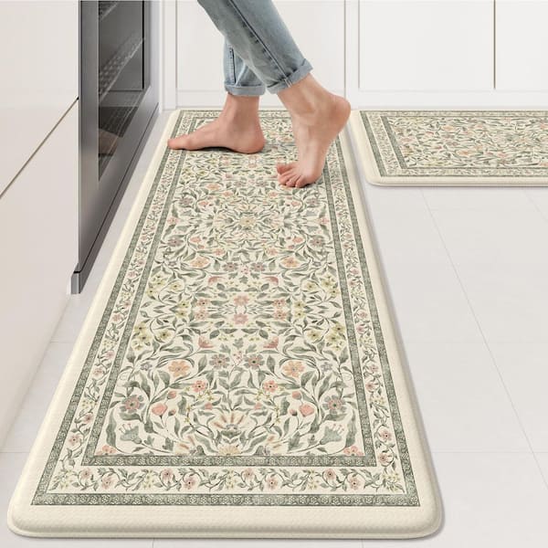 Beige 17.3 in. x 29 in. + 17.3 in. x 47 in. Indoor Floral Kitchen Rugs Sets of 2